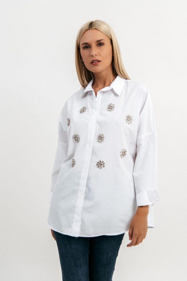 Λευκό βαμβακερό πουκάμισο με στρας