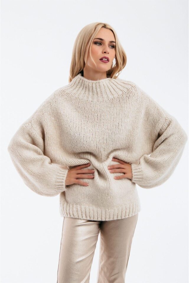 Over size πλεκτό πουλόβερ με ψηλό γιακά-5035 Over size πλεκτό πουλόβερ με ψηλό γιακά