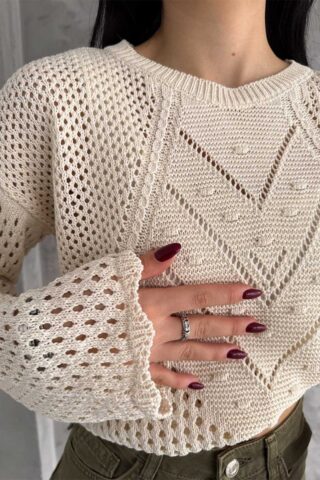 Μπεζ πλεκτή διάτρητη μπλούζα - Image 2