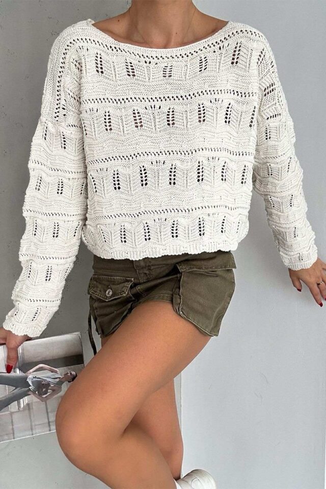 Πλεκτή κροπ μπλούζα-5041 Πλεκτή κροπ μπλούζα