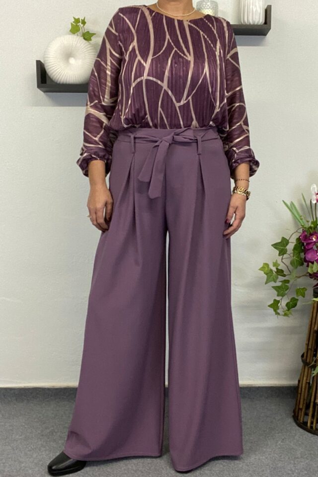 Παντελόνα μωβ με λάστιχο και φαρδιά ζώνη-2014 Παντελόνα μωβ με λάστιχο και φαρδιά ζώνη