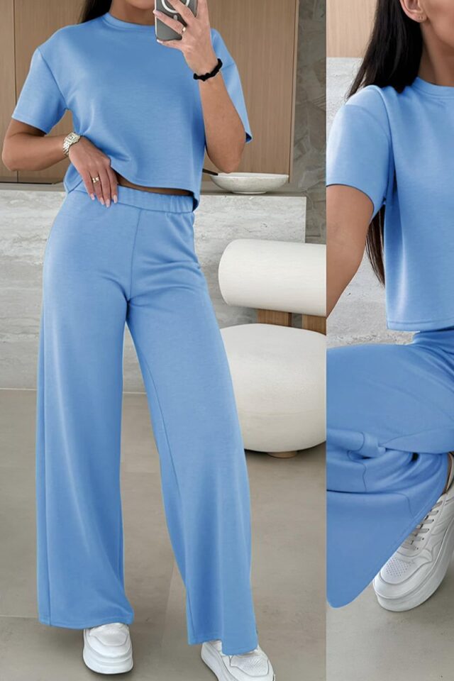 Γαλάζιο γυναικείο set crop top και παντελόνα